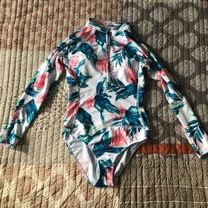 Long Sleeve Floral Print Swimsuit Zip Front